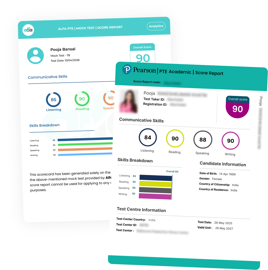 PTE Academic practice test results with overall score and performance analysis