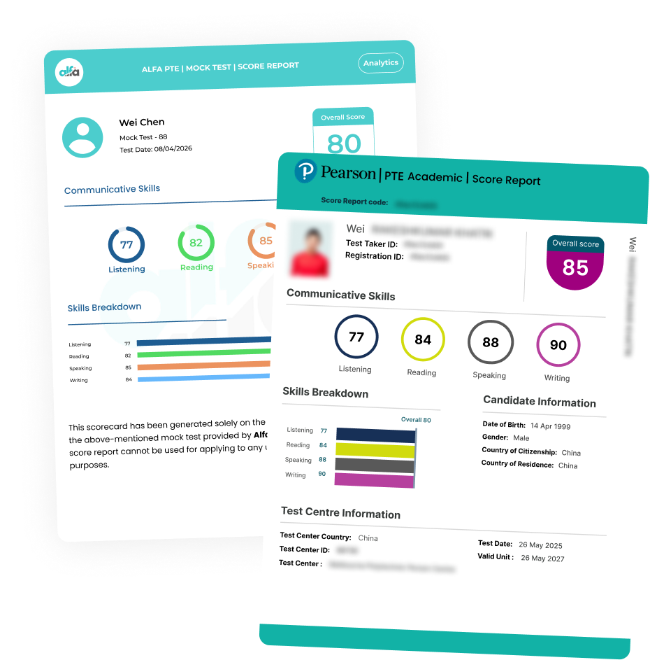 PTE score card showing communicative skills and enabling skills scores