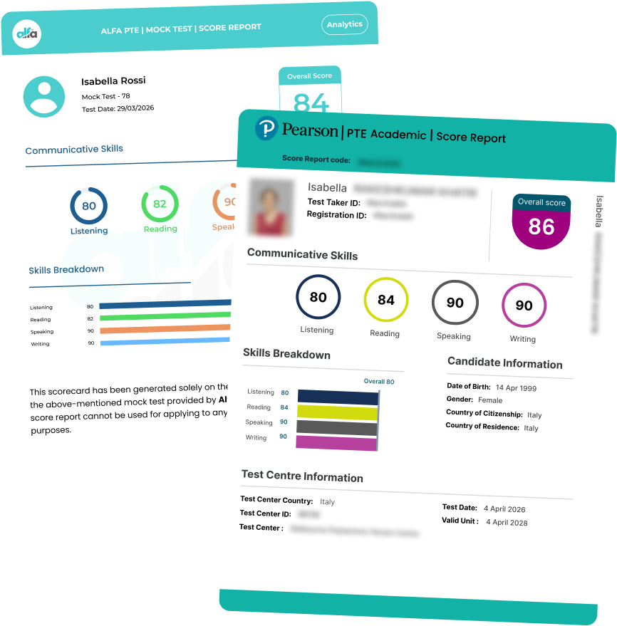 PTE practice test performance analysis with section-wise scoring